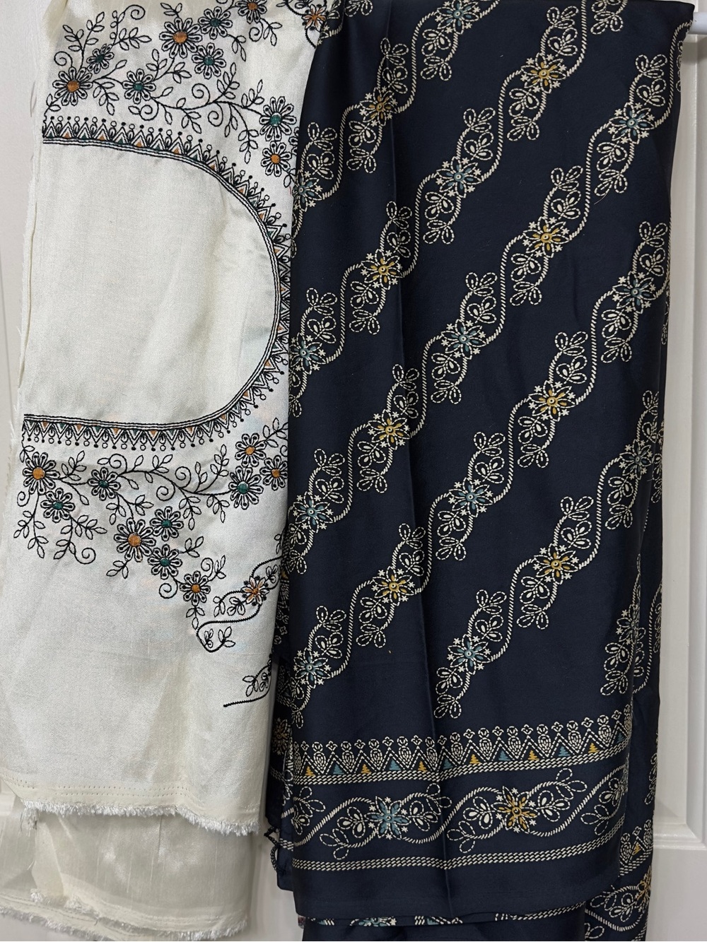 Embroidered Dark Navy & Ivory Floral Saree with unstitched blouse